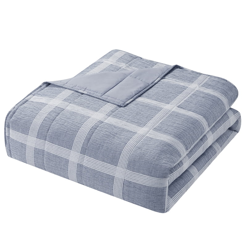 Full/Queen Dark Blue Windowpane Plaid Quilt Set - 3 Piece Bed Cover with Shams
