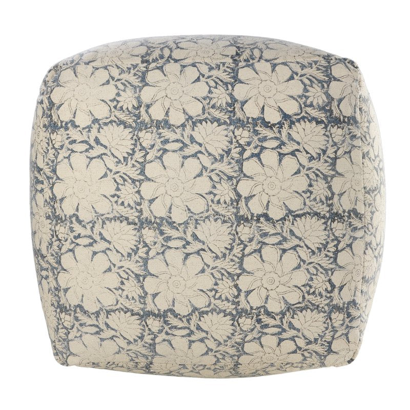 Medium Floral Indoor Square Pouf - Beige & Blue, 20x20x20 Inches - Handmade Geometric Design