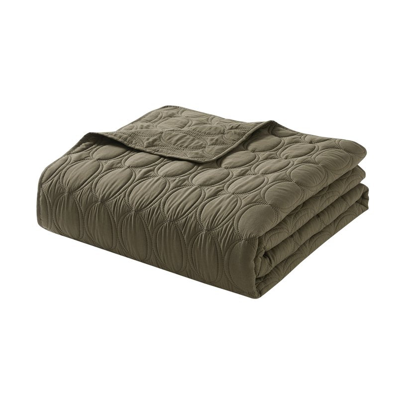 King Olive Geometric Quilt Set with Circles - 3-Piece Bed Comforter and Shams