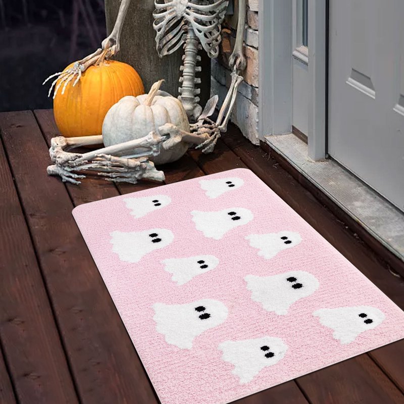 Pink Halloween Ghost Doormat 16x24 Inch Non Slip Crystal Velvet Entry Rug - Decor_A2