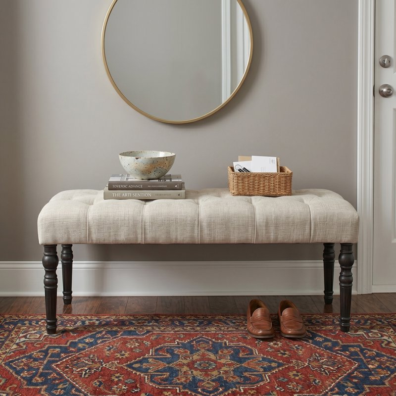 Fabric Tufted Turned Leg Dining Bench - Tan