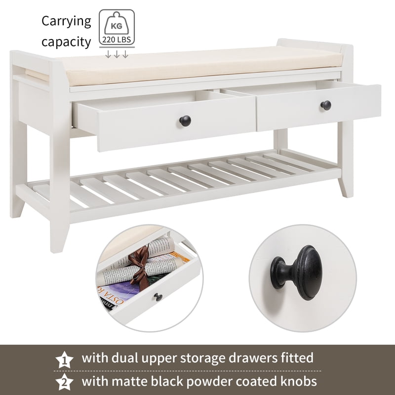35" Shoe Rack Storage Bench with Cushioned Seat and Drawers
