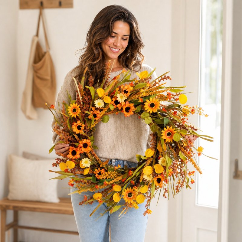 Fall Sunflower Dried Grass Wreath for Front Door Wall Decor, Harvest Garland - 17.7in