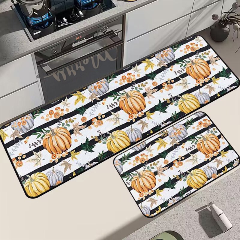 Pumpkin Shaped Bath Mat Set - Halloween Kitchen & Bathroom Rugs, Non-Slip, 16x24in+16x48in - Variation C