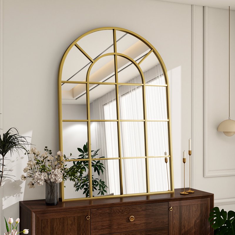 24x36 Arched Windowpane Bathroom Wall Mirror - Gold