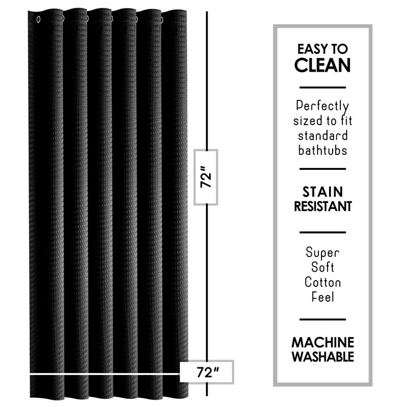 Black Shower Curtain 3 Pack - Waffle Weave Heavy Duty Fabric 72x72 Inches - Hotel Luxury Style