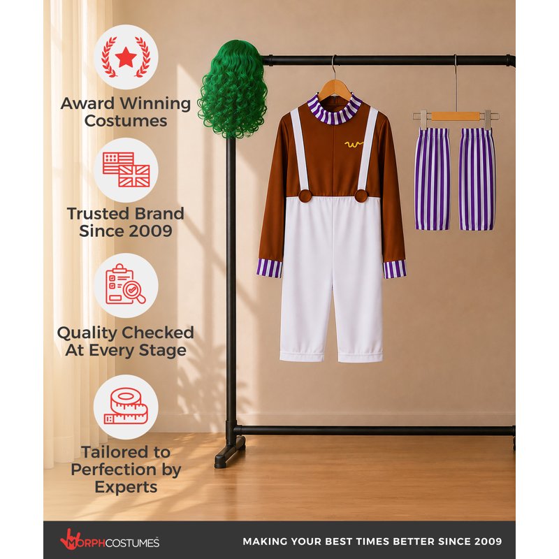 Morph Chocolate Factory Worker Costume for Men - L Size, Striped Jumpsuit & Green Wig - Halloween & Group Party Costume