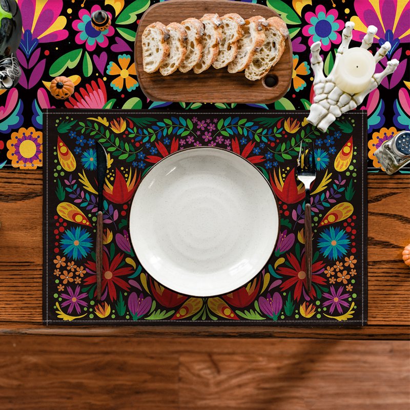 Mexican Dia De Los Muertos Table Place Mats - Multicolor 12x18 Inches, Set of 4 - Party Kitchen Dining Decoration Variation 1