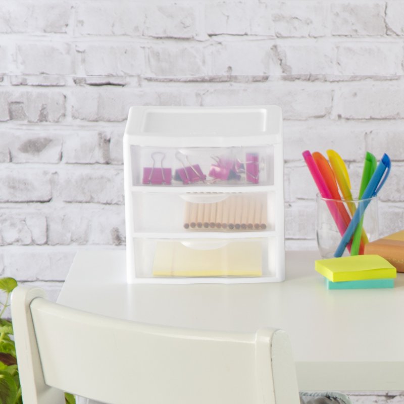 (2 Pack) Sterilite Small 3 Drawer Countertop Organizer, Clear Storage for Desks & Shelves – White