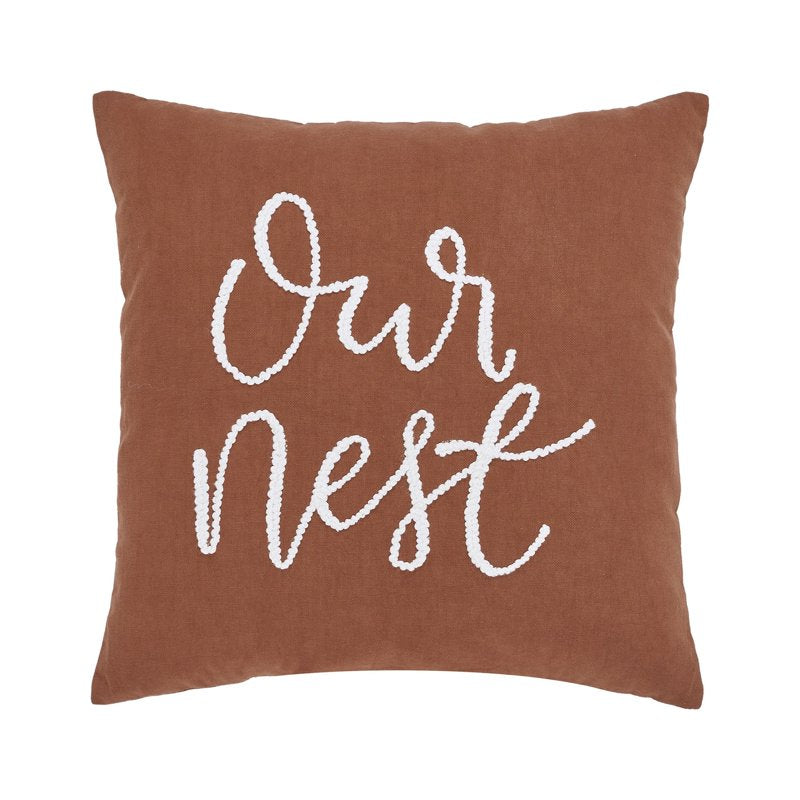 Our Nest Umber Brown Embroidered Cotton Decorative Pillow - 18 x 18 Inches