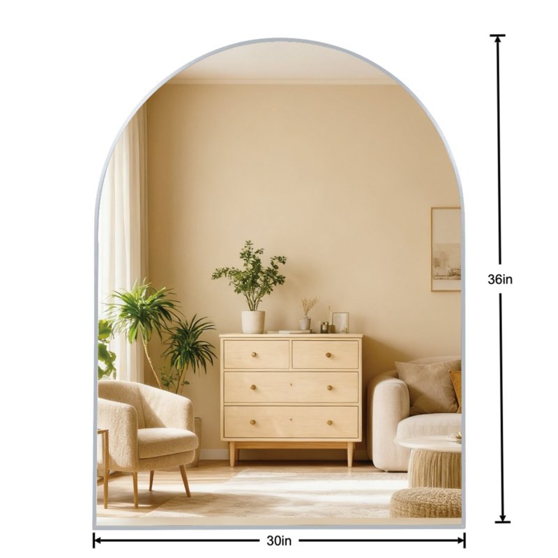 Arched Metal Wall Mirror - Silver, 30x36 inches, Modern Bathroom & Bedroom Decor with Safety Features