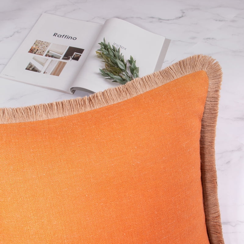 18x18 Inch Linen Tassel Throw Pillow - Farmhouse Decor, Orange - 1 Pack