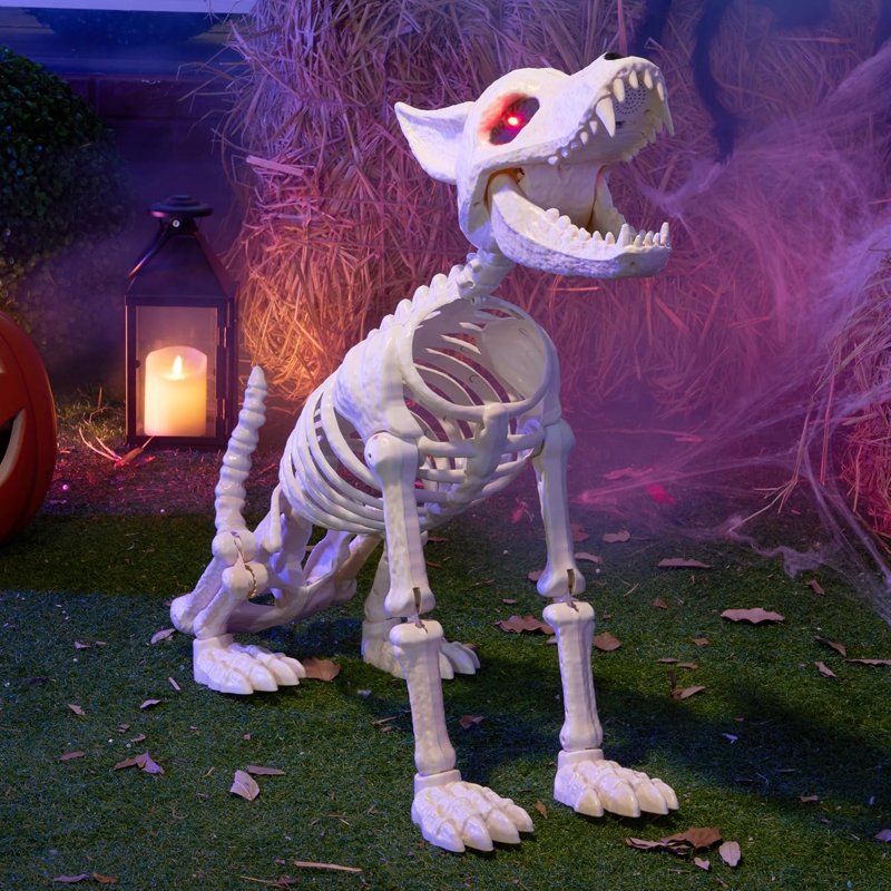 Posable Halloween Skeleton Dog with Red LED Eyes - Indoor Outdoor Decor - Wolf Variation