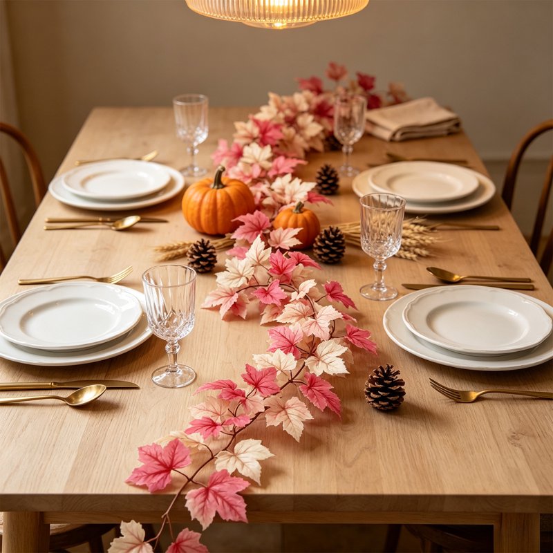 Pink Maple Leaf Garland for Fall Home Decor - 70.87 Inch Artificial Vine, Bendable Autumn Foliage with Cream Leaves - Pink Garland Variation 2