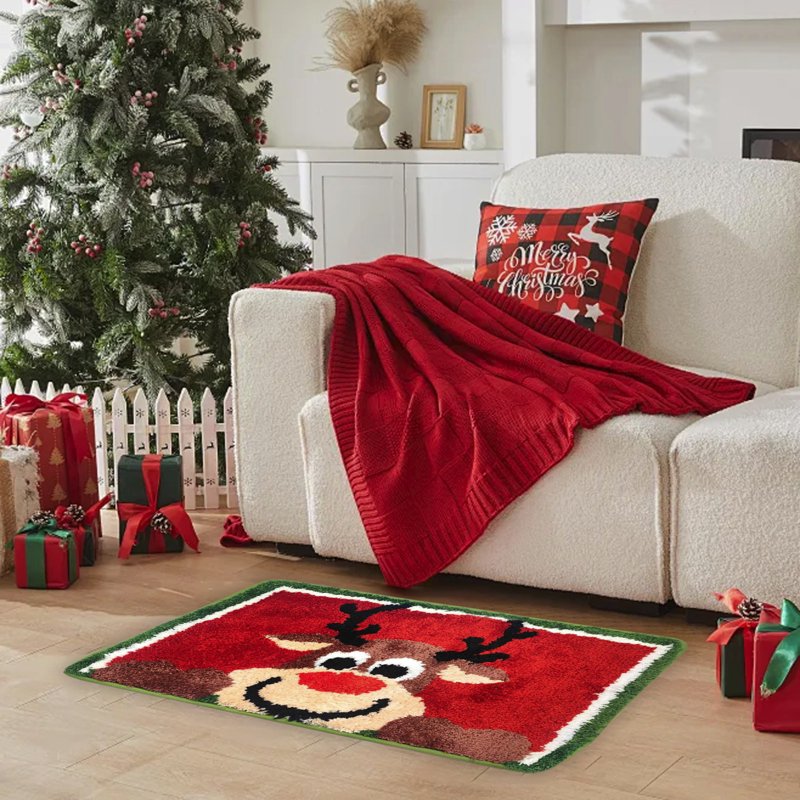 Christmas Reindeer Rug - Red Holiday Door Mat with Non-Slip Rubber Bottom - Variation #27