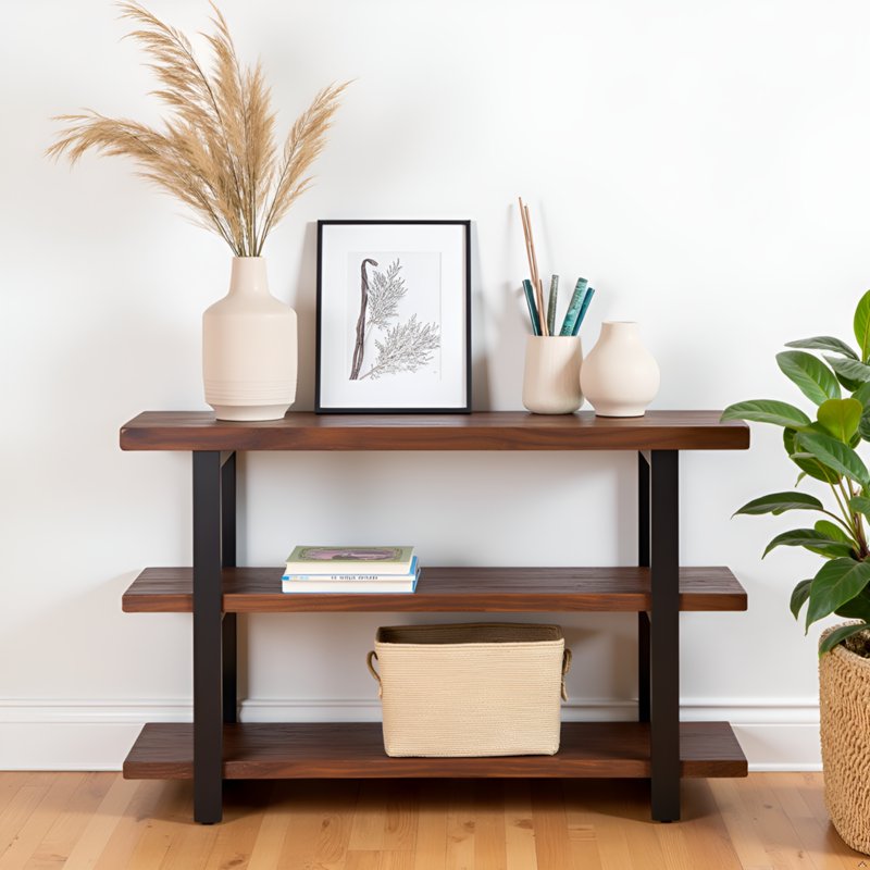 Rustic 48-Inch Solid Pine Wood Media Console Table with Metal Legs