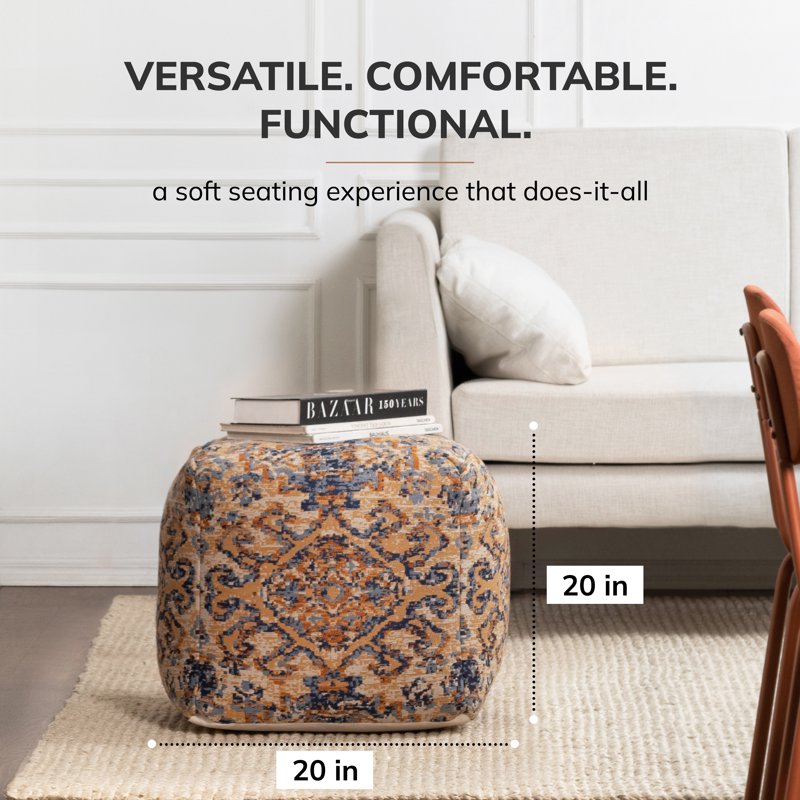 Anji Mountain Blue Jacquard Woven Polyester Square Pouf - Tofino Orange