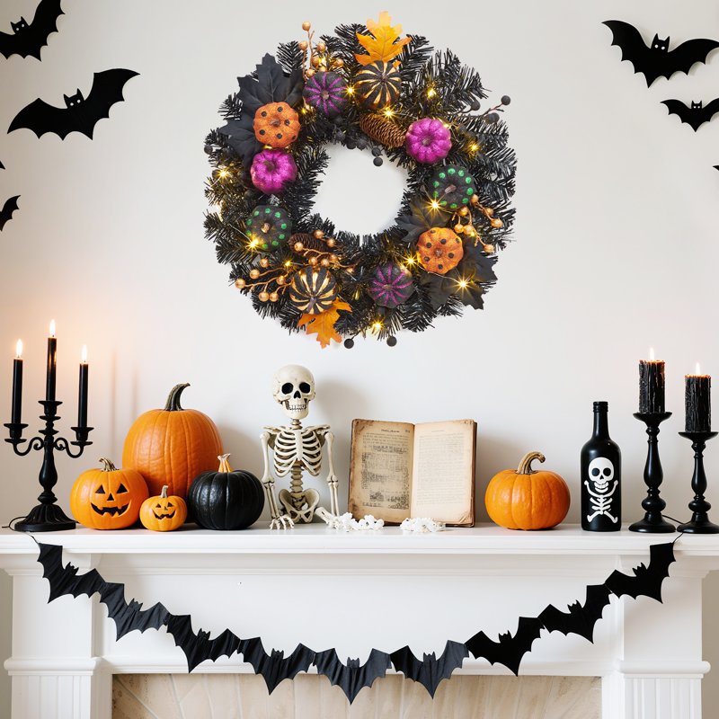 Halloween Wreath 20 Inch Prelit Front Door Decor - Style 7