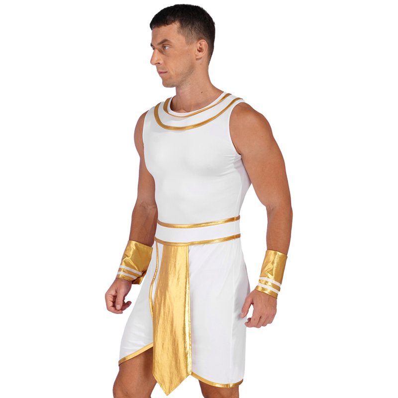 White Egyptian King Pharaoh Costume Dress Set with Cuffs & Snake Hat - M
