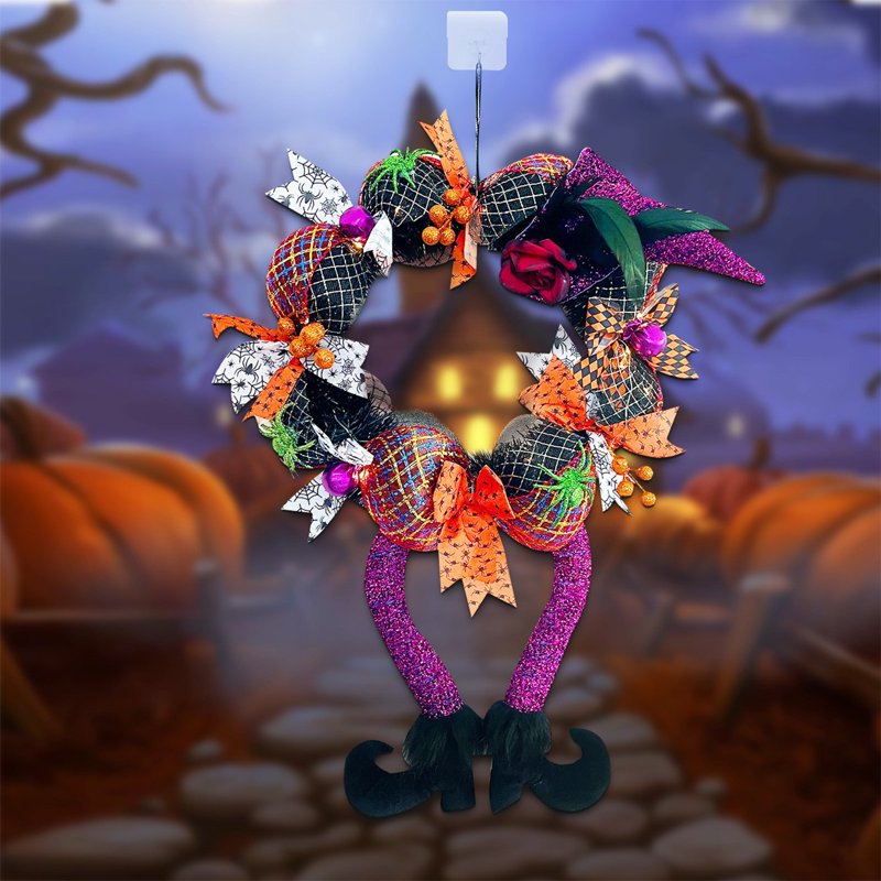 Halloween Front Door Wreath with Witch Hat and Feet - 17.7 Inch Indoor Outdoor Decoration