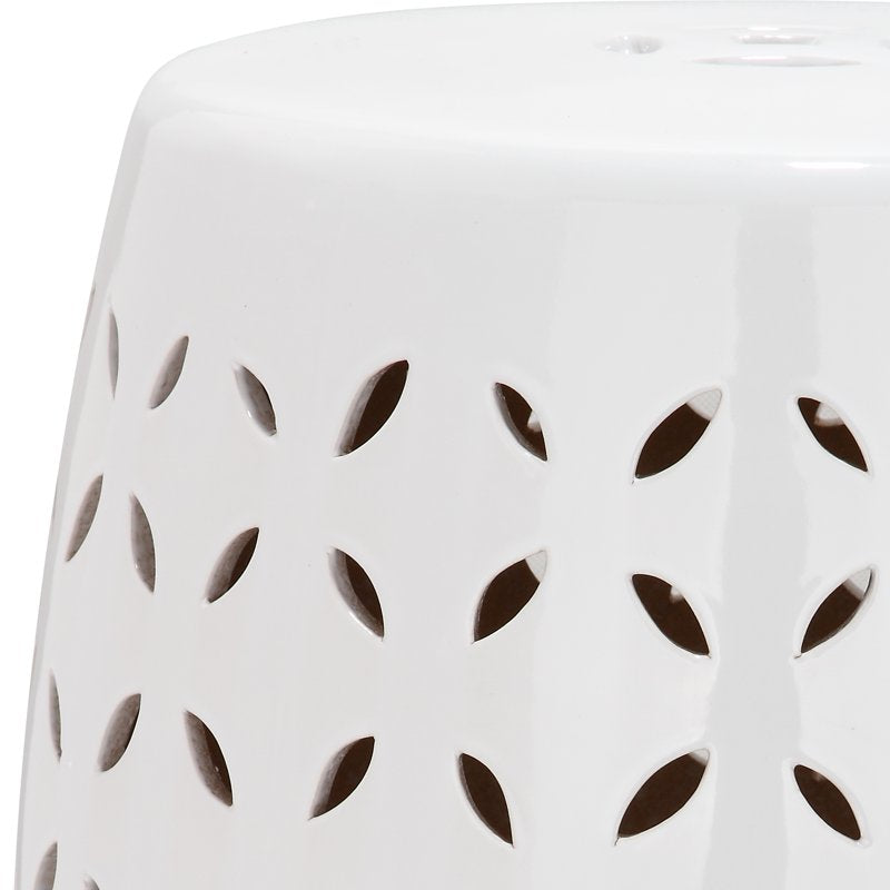 Ceramic Garden Patio Stool - White Lattice Design, 13" W x 18.5" H