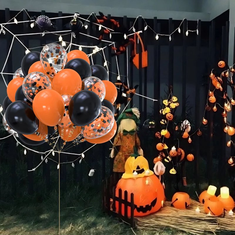 Halloween & Birthday Latex Balloons Set - Black & Orange Confetti, 30pcs - Variation A
