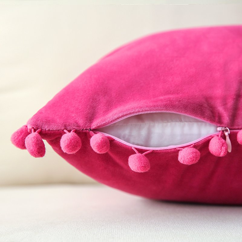 Phantoscope Pom Pom Velvet Throw Pillow Set - 18x18 Inches, Pink, 2 Pack