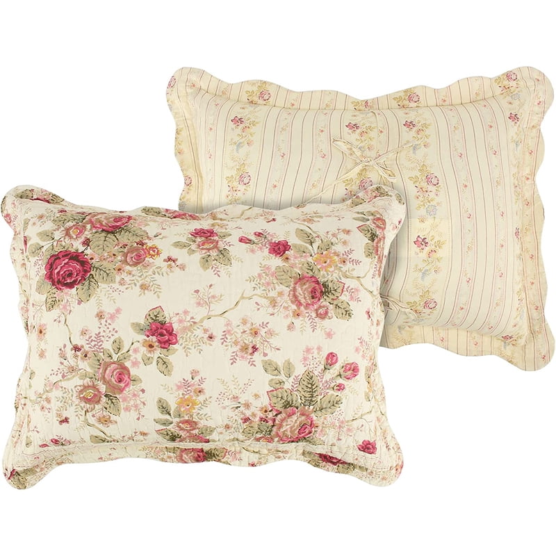 Full/Queen Antique Rose Reversible Cotton Quilt Set with Decorative Pillows - Ecru