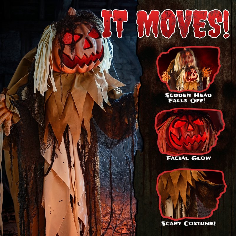 Halloween Creepy Pumpkin Man Animatronic Decoration with Dropping Head - Touch Activated