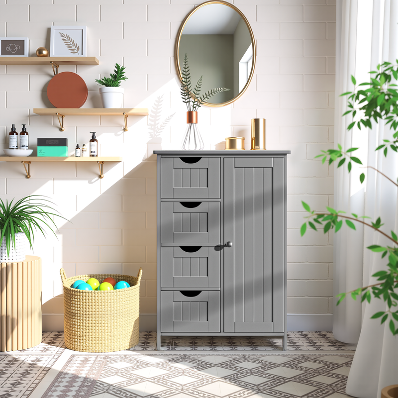 Bathroom Storage Cabinet with 4 Drawers and Cupboard - Gray