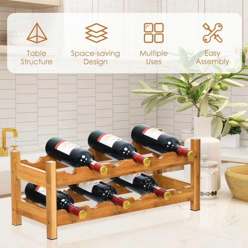 2-Tier Bamboo Wine Rack for 12 Bottles - Natural Wood Storage