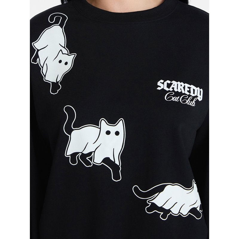 Women's Halloween Graphic Crew Pullover - Soot Black, Glows in Dark, Cozy Cotton-Polyester Knit, Sizes XXS-XXL