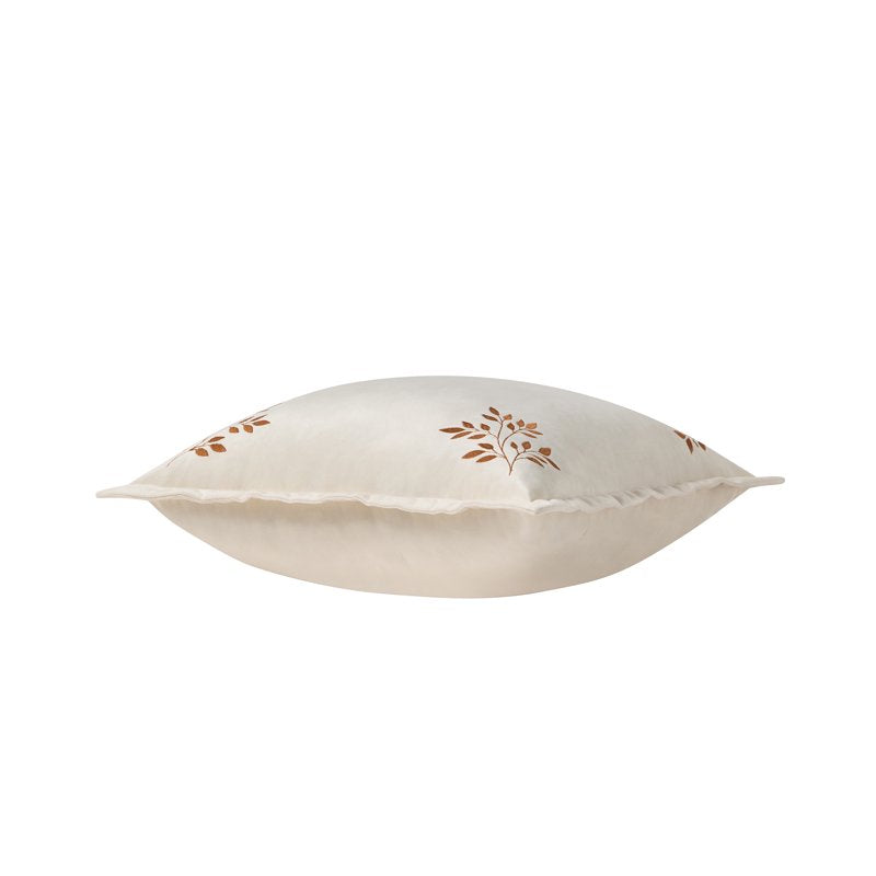 Ivory Embroidered Leaves Velvet Decorative Pillow - 18x18 Inches, Farmhouse Style