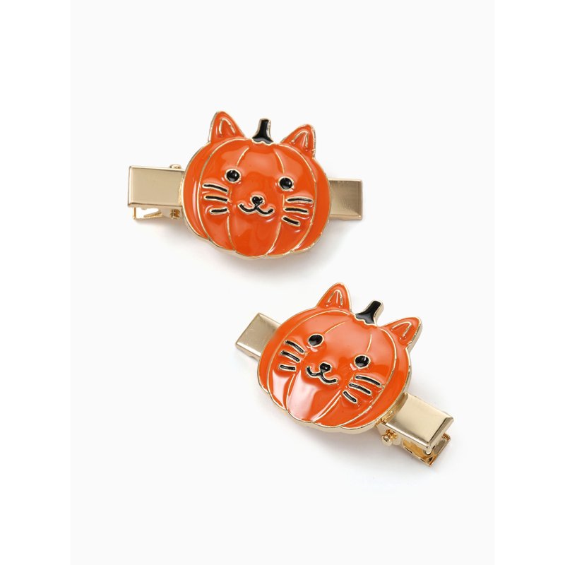 Halloween Jack-O-Lantern Cat Hair Clip Set - Spooky Season Accessories, 2 Pieces