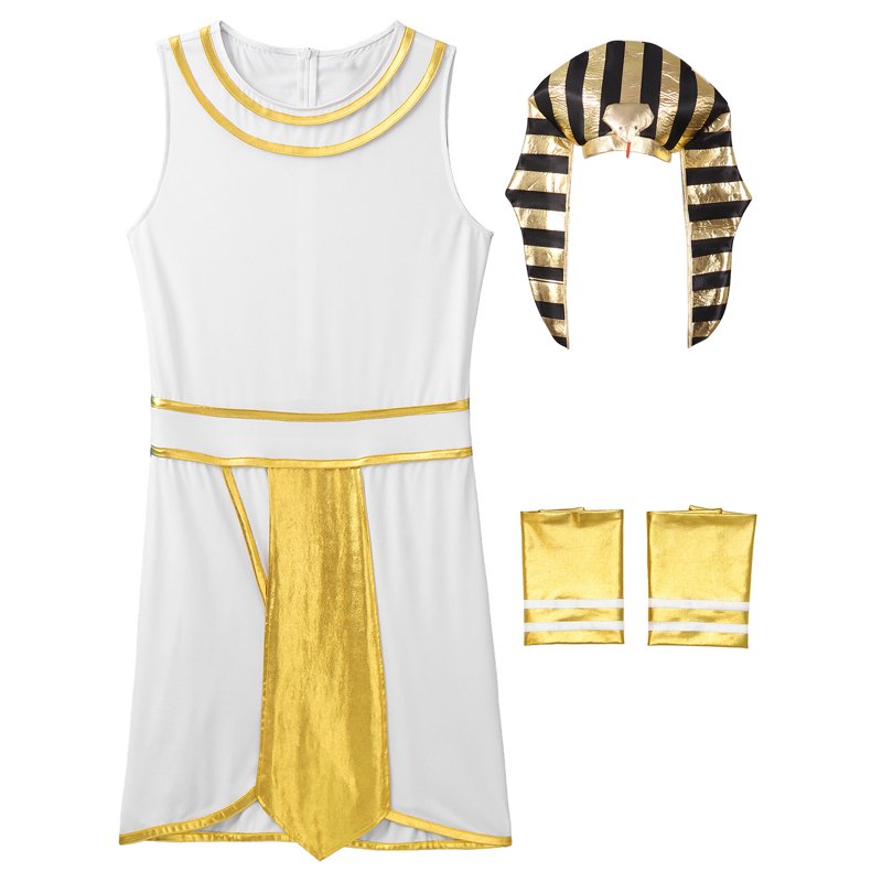 White Egyptian King Pharaoh Costume Dress Set with Cuffs & Snake Hat - M