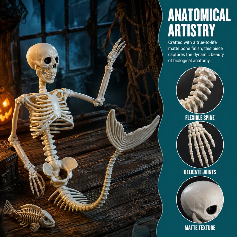 36-Inch Halloween Mermaid Skeleton with Flexible Joints for Indoor & Outdoor Decorations