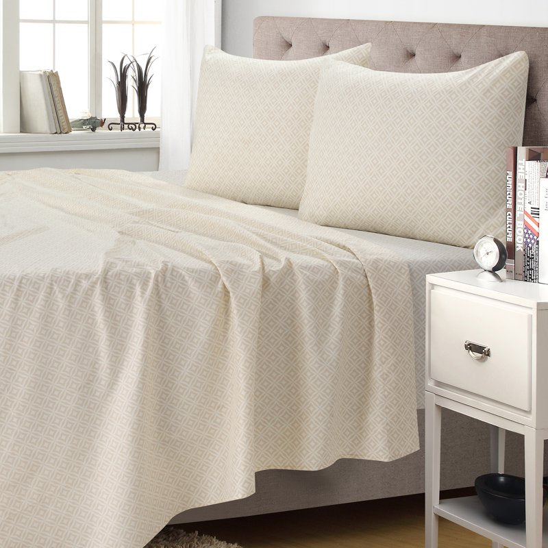 Harper Microfiber Queen Sheet Set with Tan Geo Square Variation