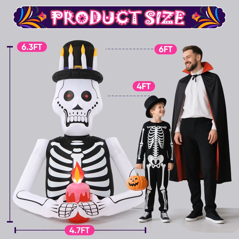 Inflatable Skeleton with Candle & LED Lights - Halloween Yard Decoration, Variation of Praying Skeleton