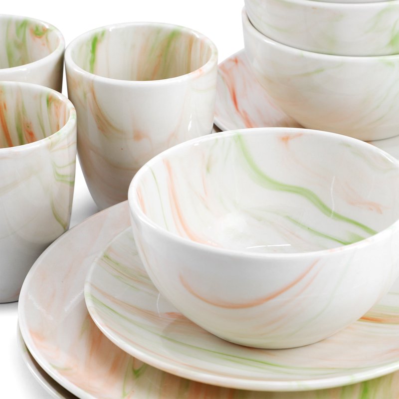 Fine Marble Porcelain Dinnerware Set - 16 Pieces, Service for 4 - Green