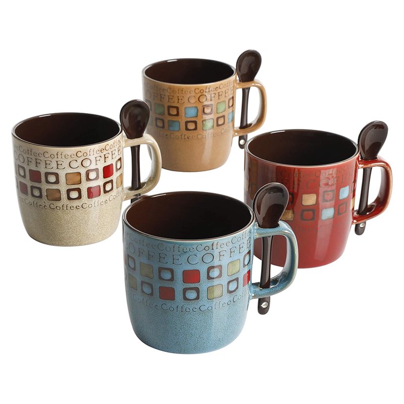 Ceramic Coffee Mug Set with Spoons - 8-Piece, 13 Oz