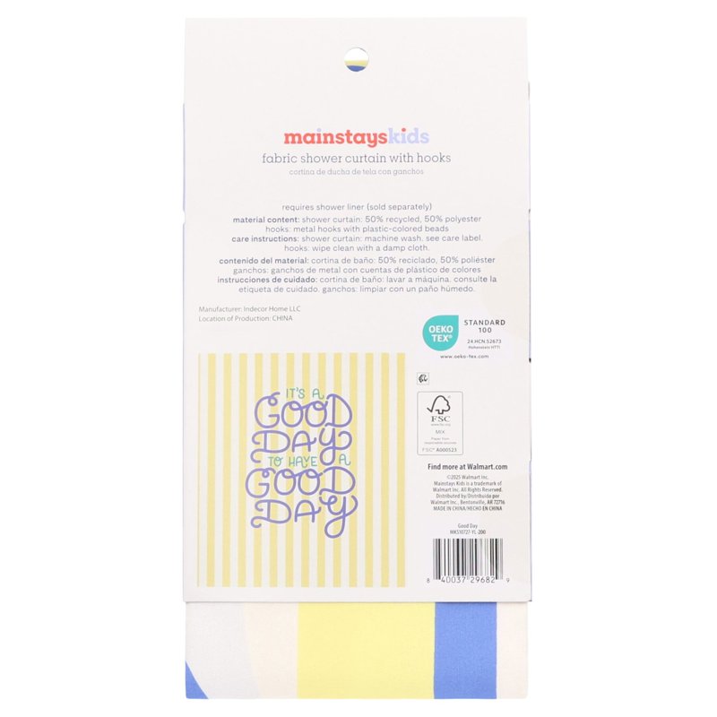 Mainstays Kids Good Day Fabric Shower Curtain with 12 Hooks Set - Multicolor Geo Design, 72x72 Inches