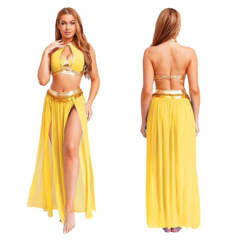 Women's Belly Dance Costume Set - Halter Crop Top & Mesh Split Skirt, Gold XXL Variation