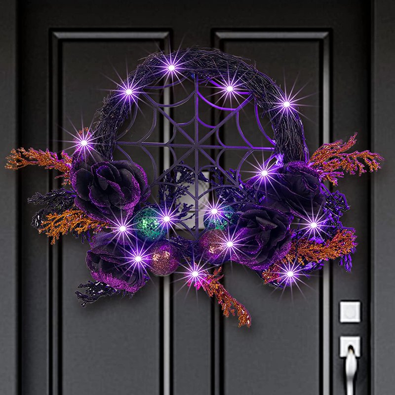 Halloween Purple LED Wreath for Front Door - 17.7 Inch Artificial Decor