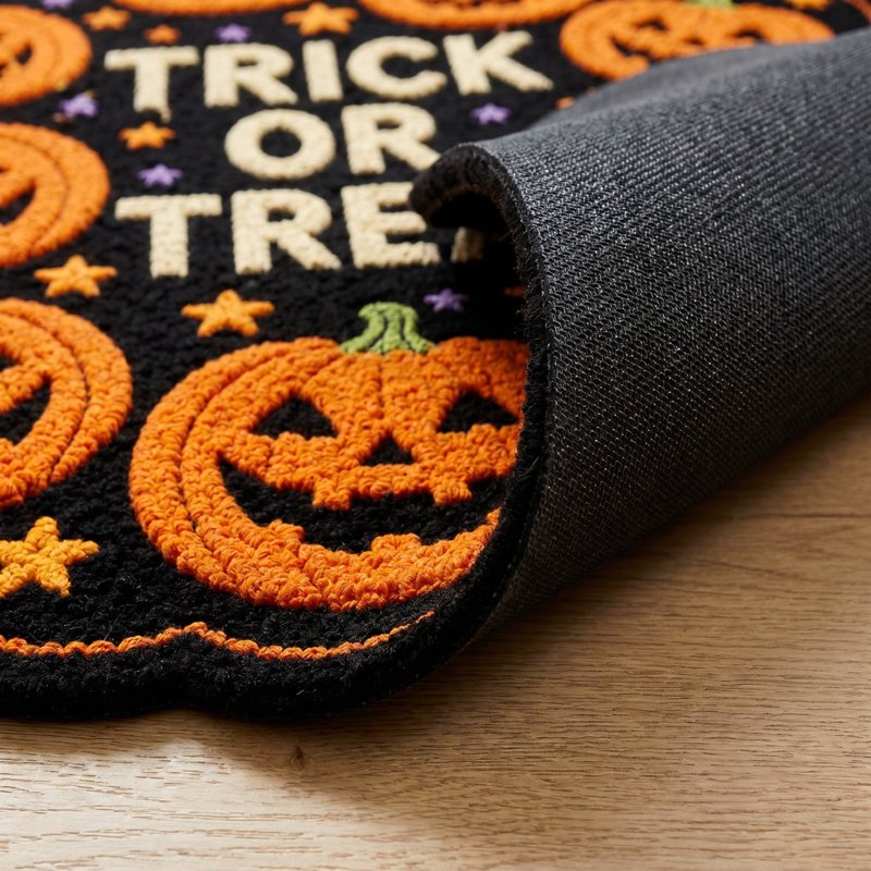 Halloween Wreath Shaped Rug - Pumpkin, Witch & Haunted House Design, Indoor Mat for Entryway & Kitchen - Variation C