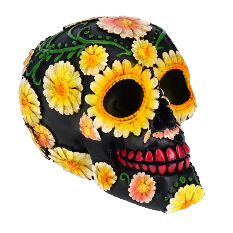 Day of the Dead Skull Decor - Black Sunflower Resin Skeleton Figurine