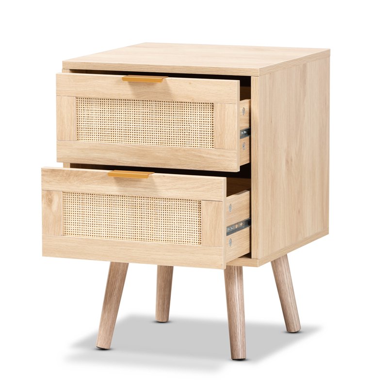 Mid-Century Modern Light Oak Brown End Table with Rattan Drawers