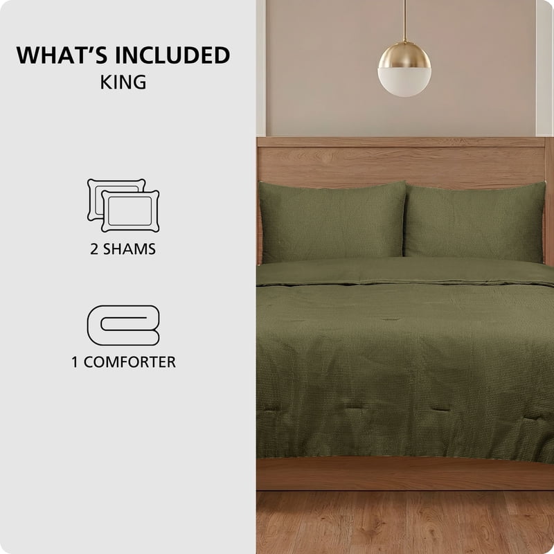 King Waffle Comforter Set with Matching Shams - Mossy Green, 3-Piece