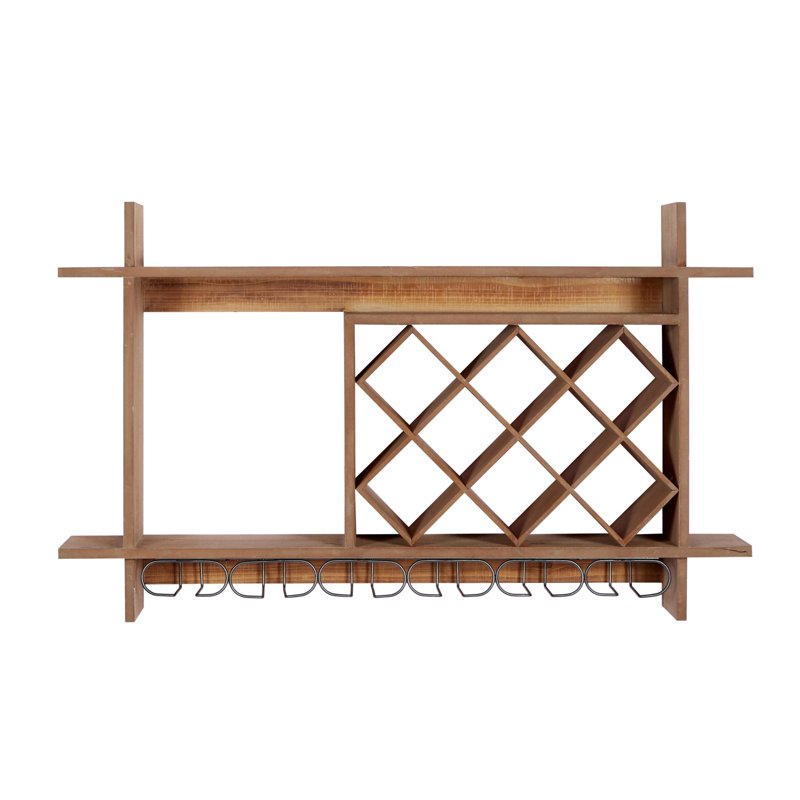 34" Brown Wood Geometric 8-Bottle Wall Wine Rack with Glass Holder