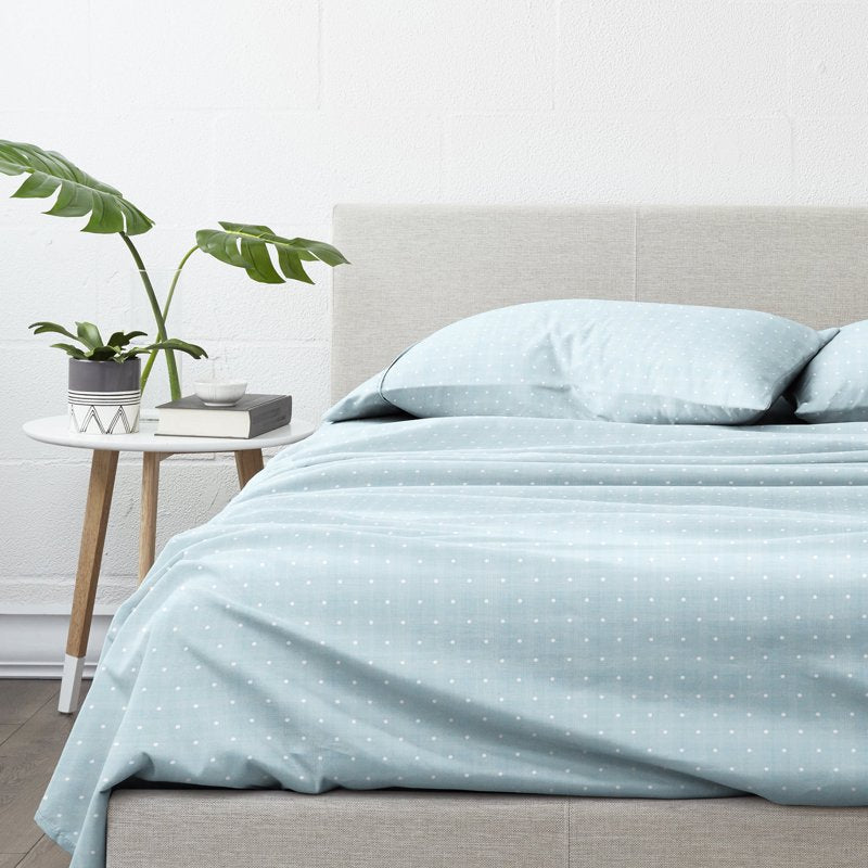 Queen Aqua Polka Dot Microfiber Bed Sheets Set - Patterned, Wrinkle-Resistant