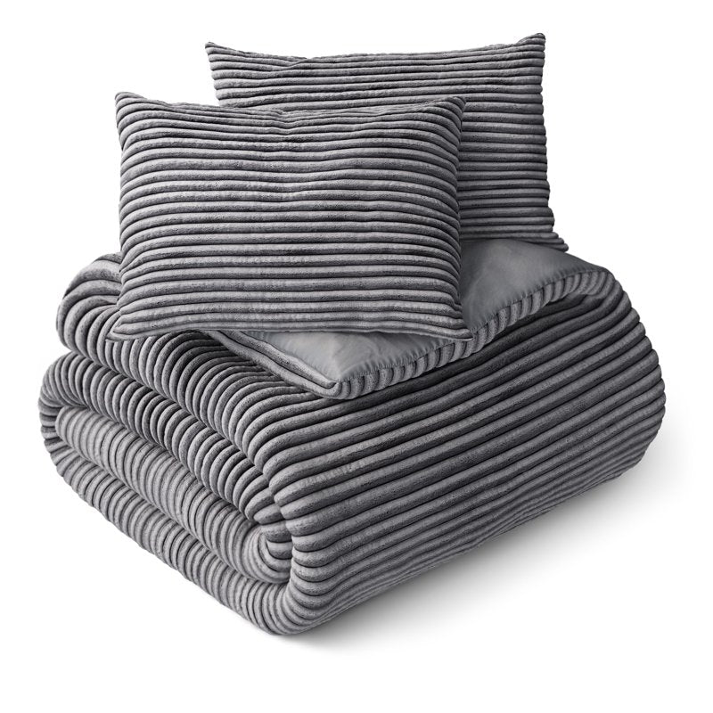 Kids Gray Plush Ribbed Corduroy Comforter Set - Full/Queen 3 Pieces